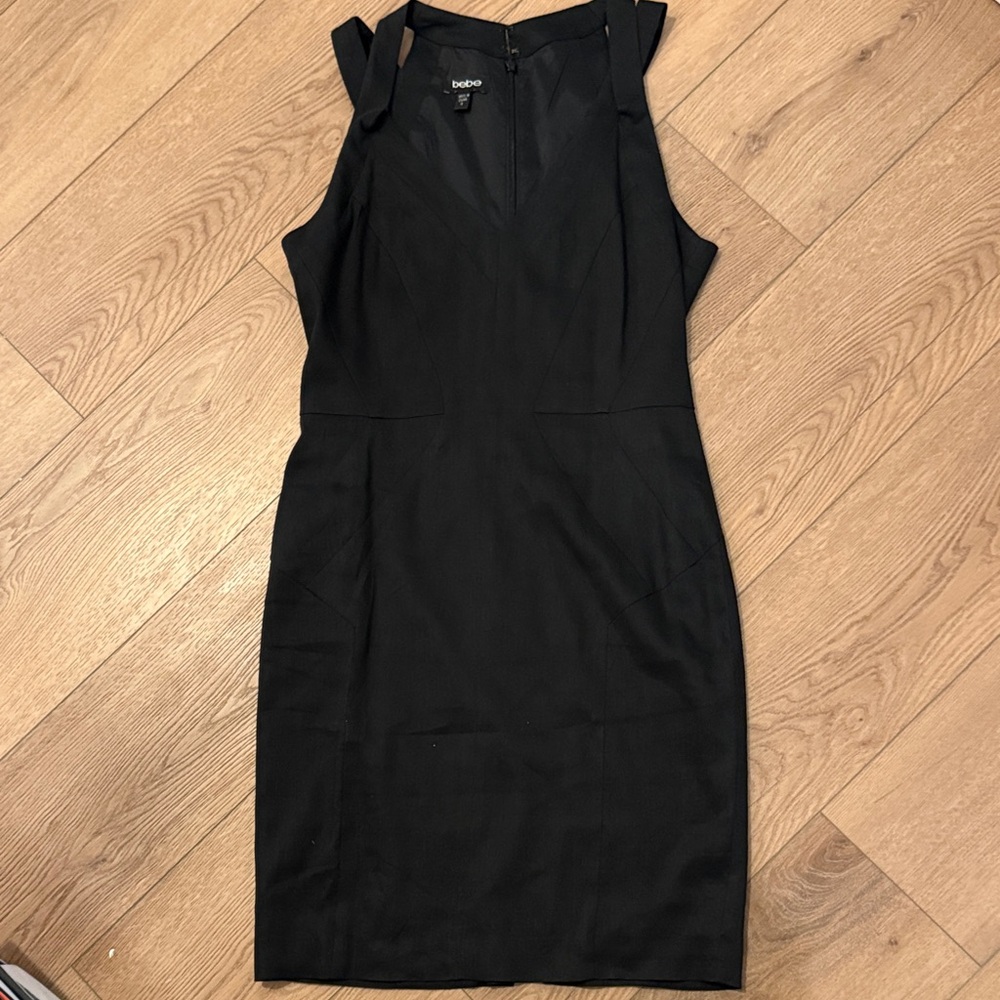 bebe Black Midi Sheath Dress with V-Neck